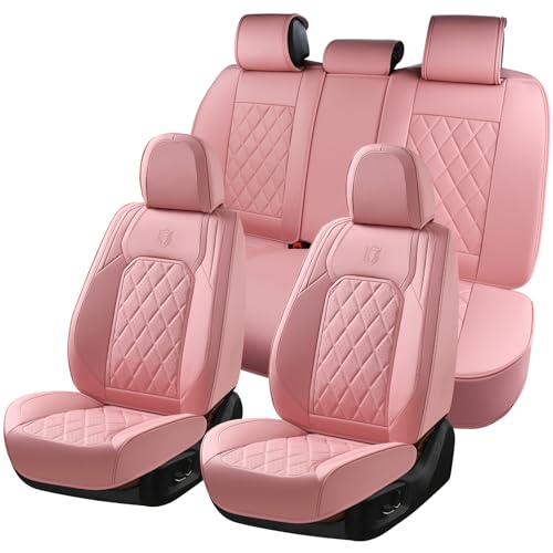 Image of Coverado Car Seat Covers Full Set, Pink Leather Seat Covers for Cars, Universal Waterproof Car Seat Cover, Luxury Front and Back Car Seat Protector, Automotive Seat Covers Fit for Most Cars, Pink
