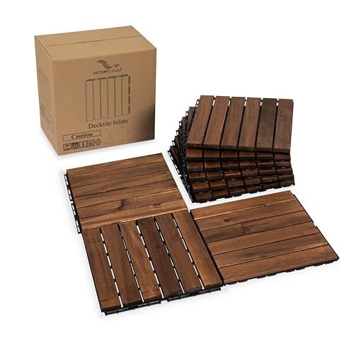 VICTORY RELAX Acacia Wood Flooring Interlocking Deck Tiles for Patio Decor 9 Pcs 6 Slats VR Brown - Waterproof Indoor & Outdoor Decor - Balcony Garden Decking Tile (12.24 * 12.24 * 0.75 inches)