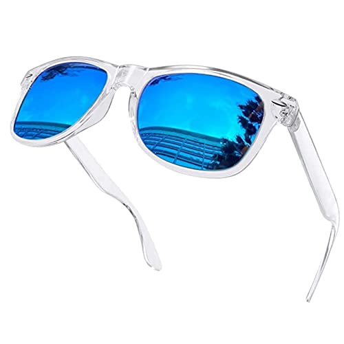 KANASTAL Polarized Sunglasses Men Women Retro Classic Designer Sun Glasses UV Protection Sunglasses for Cycling Golf Fishing Running Sailing (Clear Frame Mirror Blue)