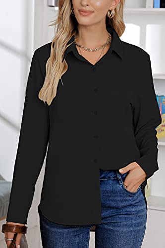 AISEW Womens Casual Button Down Shirts V Neck Chiffon Long/Short Sleeve Collared Office Work Blouses Tops with Pocket4