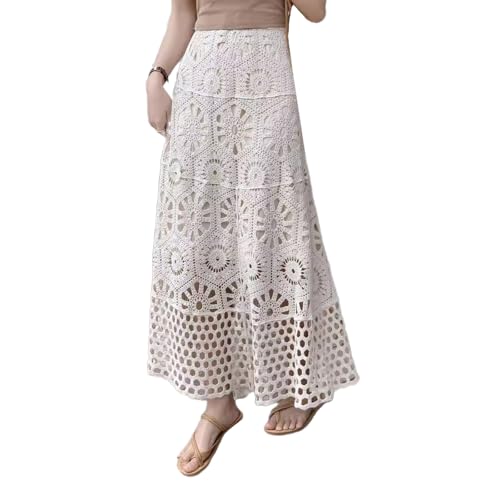 Women Vintage Hollow Out Crochet Knit Flower A Line Skirt Elastic High Waist Embroidery Beach Vacation Long Skirt4