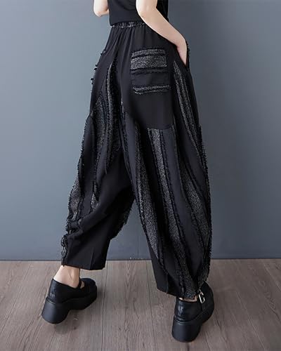 ellazhu Women's Pants Irregular Stripe Contrast Color Patchwork Elastic Wasit Harem Pant with Pocket GZ4922