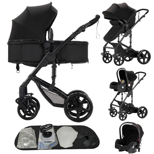 Doraystar Kinderwagen 3 in 1, Kombikinderwagen 3 in 1 Komplettset mit Zwei Umkehrbaren Schiebemodi, Kinderwagen Set mit Ein-Klick-Faltdesign, Rahmen Aluminiumlegierung (588 Black)