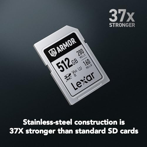 Image of Lexar 512GB Armor Silver PRO SDXC Memory Card, UHS-II, C10, U3, V60, 6K UHD, Up to 280MB /s Read, Stainless Steel, for Professional Photographer, Videographer, Enthusiast (LSDAMSP512G-RNNNU)