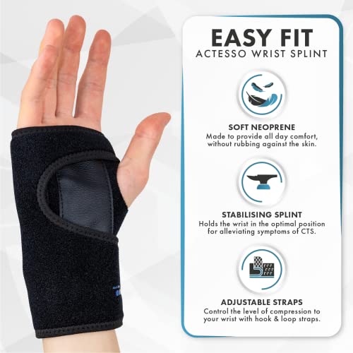 Actesso Easy Fit Wrist Support Splint Brace - Ideal for Sprains, Tendonitis, Carpal Tunnel Pain, RSI Injury - Universal Sizing (One Size (Pack of 1), Right)