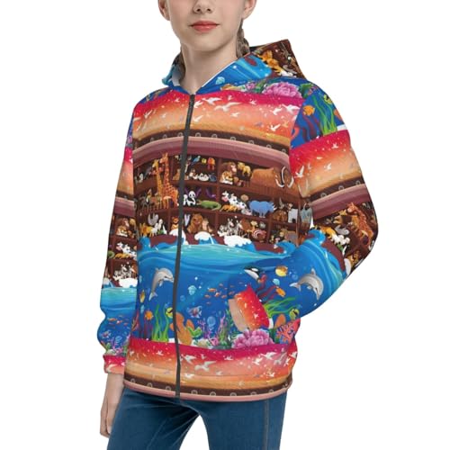 Animals On Noah's Ark Kids Pullover Hoodies Boys Zip Up Sweatshirts Girls Athletic Clothes with Pocket