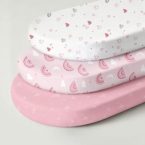 Image of Bassinet Sheets for Baby Girl 32 * 16, 3 Pack Soft Breathable Baby Bassinet Mattress Sheets Fit for Hourglass Oval Cradle, Moses Basket Rectangle Mattress (Rainbow, Pink)
