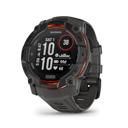 Garmin Instinct 3, 50mm SOLAR Rugged GPS Smartwatch,Built in Sports & Health apps, LED Flashlight, Shock Resistant, 10ATM, Unlimited battery life w/Solar charging, Black Bezel with Charcoal Band