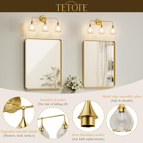 Image of TETOTE 2-Light Modern Bathroom Light Fixtures, 2 Light Vanity Lights Over Mirror Gold Wall Lamp with Clear Glass for Bathroom, Mirror, Living Room, Bedroom, Hallway