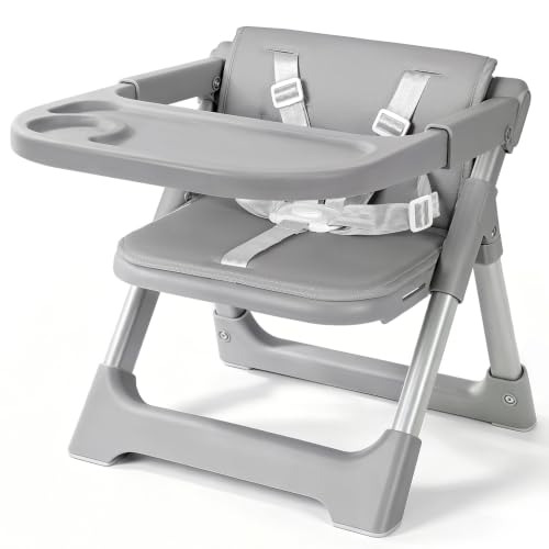 Image of Baby High Chair Booster Seat: Portable Booster Seat for Kitchen s Dining Chair Foldable Highchair - Travel Size Tool-Free Setup Adjustable Tray (Grey)