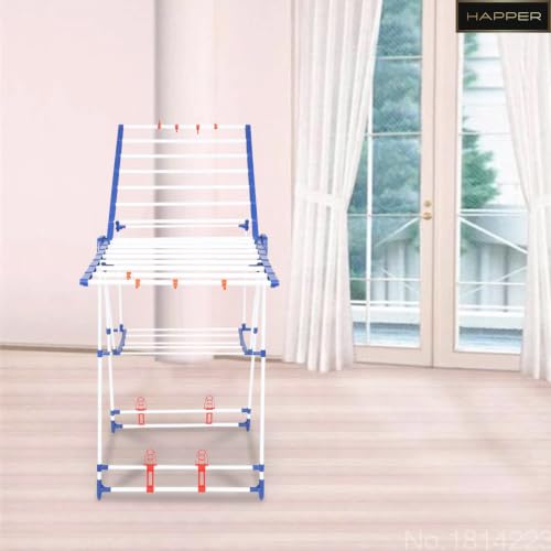 Image of Happer Mild Steel Cloth Drying Stand | Winsome | 8 Hangers | 4 Shoe Holders | 40 Feet Drying Space (White & Blue)