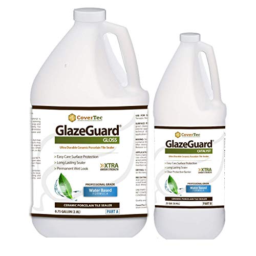 GlazeGuard Gloss Floor Sealer Wall Sealer for Ceramic, Porcelain, Stone Tile Surfaces (1 Gal -Prof Grade (2) Part Kit)