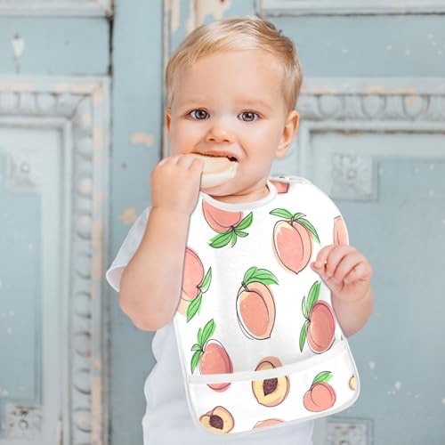 MCHIVER Peach Fruit White Baby Bibs for tag1 Waterproof Feeding Bib Apron with Food Cather Adjustable Cotton Food Eating Bib 2 Pack4