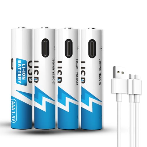 YUEBVIWIE 4-Pack AAA USB-C Rechargeable Lithium Batteries, 750mWh Lithium Rechargeable Battery, 1.5V...