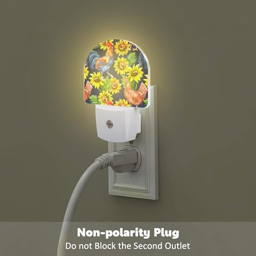 Image of Vintage Hen Rooster with Sunflowers Night Light, Watercolor Farm Animals Floral Dusk to Dawn Night Light Plug in,0.5w Energy Saving Sleep Friendly NightLight for Kids Boys Girls Home Decor