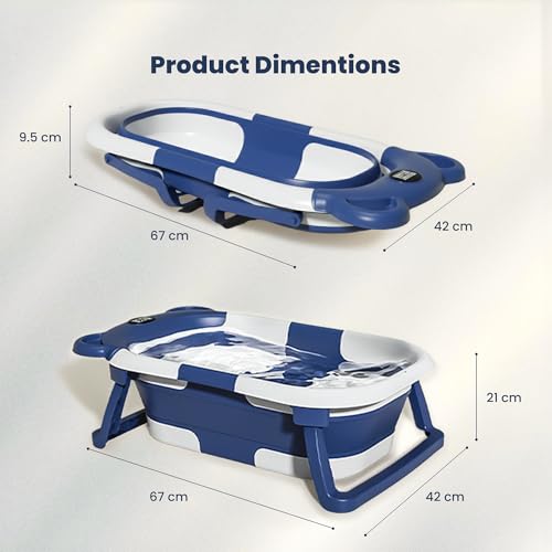 Image of TINSY Foldable Baby Bath Tub with Built-in Water Thermometer & Soft Head Support Pillow | Portable Newborn Bathtub | Anti-Slip Legs | Space-Saving Infant Bath Tub for Babies & Toddlers | Midnight Blue