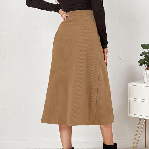 Women Corduroy Skirt Button Front Midi Skirt A-line Skater Skirts High Waist Elastic Flared Swing Skirt with Pockets2