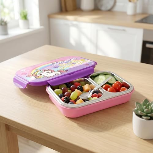 Image of Stainless Steel Lunch Box for Kids, Boys & Girls, Unicorn Design with 2 Compartments, Leakproof Tiffin Box for School, BPA-Free, Easy to Carry & Clean, Multipurpose Lunch Box for Outdoor Use
