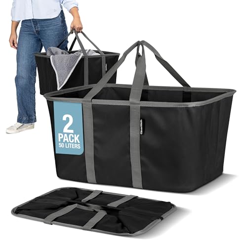 Image of CleverMade Collapsible Laundry Tote, Midnight Black /Shadow Gray 2PK - 50L (13 Gal) Collapsible Laundry Baskets with Sturdy Pop-Up Wire Frame and Long Carry Handles - Space-Saving Collapsible Hamper