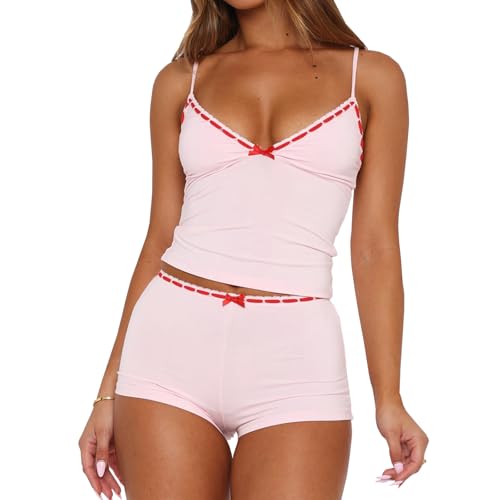 XBTCLXEBCO Sexy Pajama Sets for Women Fitted V Neck Cami Tank Top and Shorts Set Bow Front 2 Piece Sleeveless Pjs Sleepwear (Pink S)
