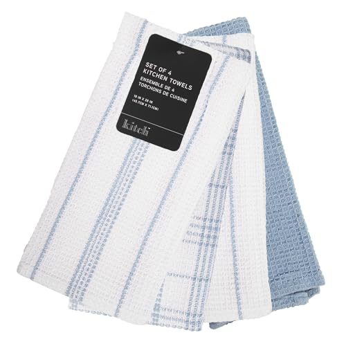 MosJos Kitchen Towels Set of 4 Dish Towels Blue n White Waffle Weave Cotton Hand Towels, 18 x 28 Absorbent Kitchen Linens