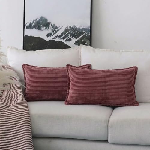 Image of RD TREND Corduroy Cushion Cover Set of 2, Striped Double Sided Decorative Throw Pillowcases for Sofa, Bed & Living Room Rectangular Long Cushion Covers 18x28 inches | Wine