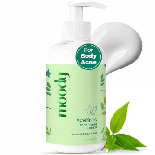 Image of Moody AcneXpert 5% AHA Body Lotion with Salicylic Acid & Green Tea | Body Lotion for Acne Prone Skin | Helps Reduce Body Acne, Strawberry Legs & Rough Texture | 48-Hour Moisturization for Men & Women | 200ml