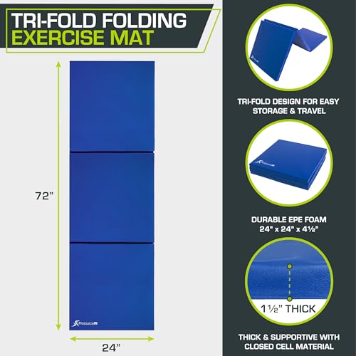 Image of ProsourceFit Tri-Fold Folding Thick Exercise Mat 6'x2' with Carrying Handles for MMA, Gymnastics, Stretching, Core Workouts