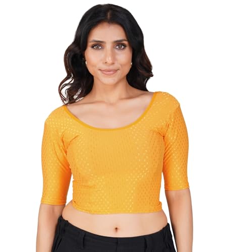 Image of Fressia Fabrics Pure Cotton 4-Way Stretch Readymade Blouse for Women | Free Size to 4XL Stretchable Round Neck Dobby Cotton Half Sleeve Readymade Saree Blouse for Women Stylish