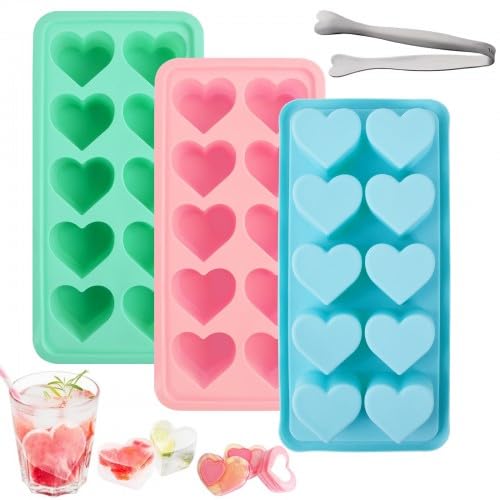Set de 3 moldes para cubitos de hielo con forma de corazón, moldes de silicona para helados, chocolate y pudín (combinación de rosa, verde y azul)