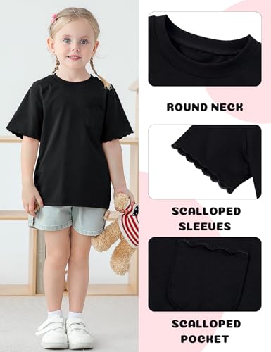 Girls Scalloped Edged Sleeves T-Shirts with Pocket 3-6 Years Casual Cotton Tee Tops Blouse3