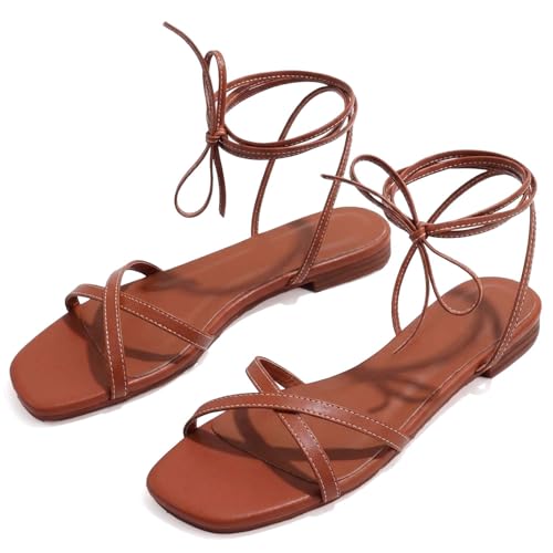 CEFISOP Strappy Flats Sandals for Women Comfortable Square Toe Lace Up Slides Beach Gladiator Wrap Sandal Shoes Brown Size 7.5