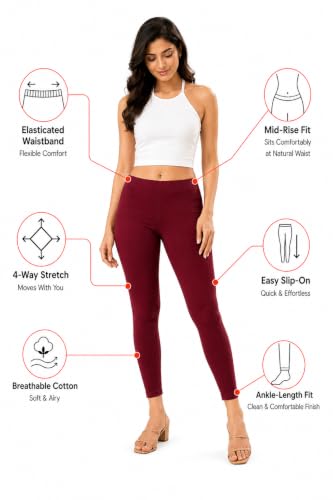 Image of Women's Cotton Lycra Ankle Length Leggings | Regular Rise, Soft 4 Way Stretch Fabric | Casual & Ethnic Wear