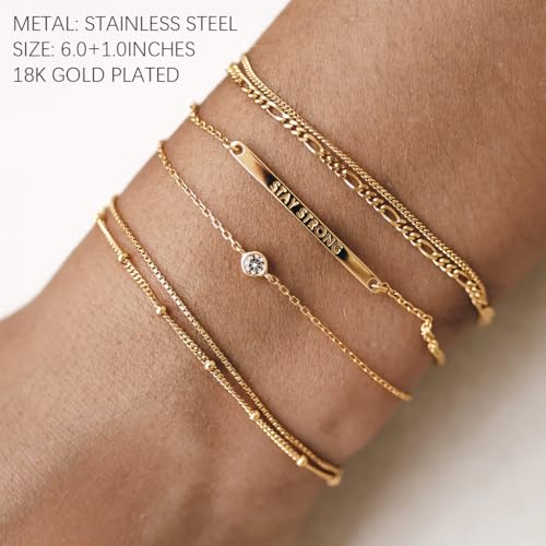 Waterproof 14K Gold Stack Bracelet for Women Non Tarnish,Stainless Steel Chain Dainty Layered Bracelets Inspirational Jewelry Gift for Women2