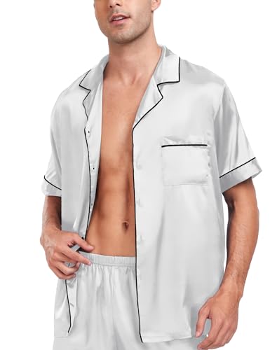 Image of SWOMOG Men Satin Silk Pajamas Sets Short Sleeve Sleepwear Button-Down PJs Sets Two-Pieces Loungewear with Pockets Gray