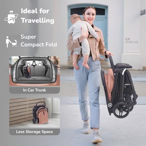 R for Rabbit Street Smart Ace Auto Fold Stylish Newborn Baby Stroller| Aluminum Frame Pram One Click Fold |Travel Friendly Cabin Trolley Stroller for 0-3 Years Kids||(Peach Black)