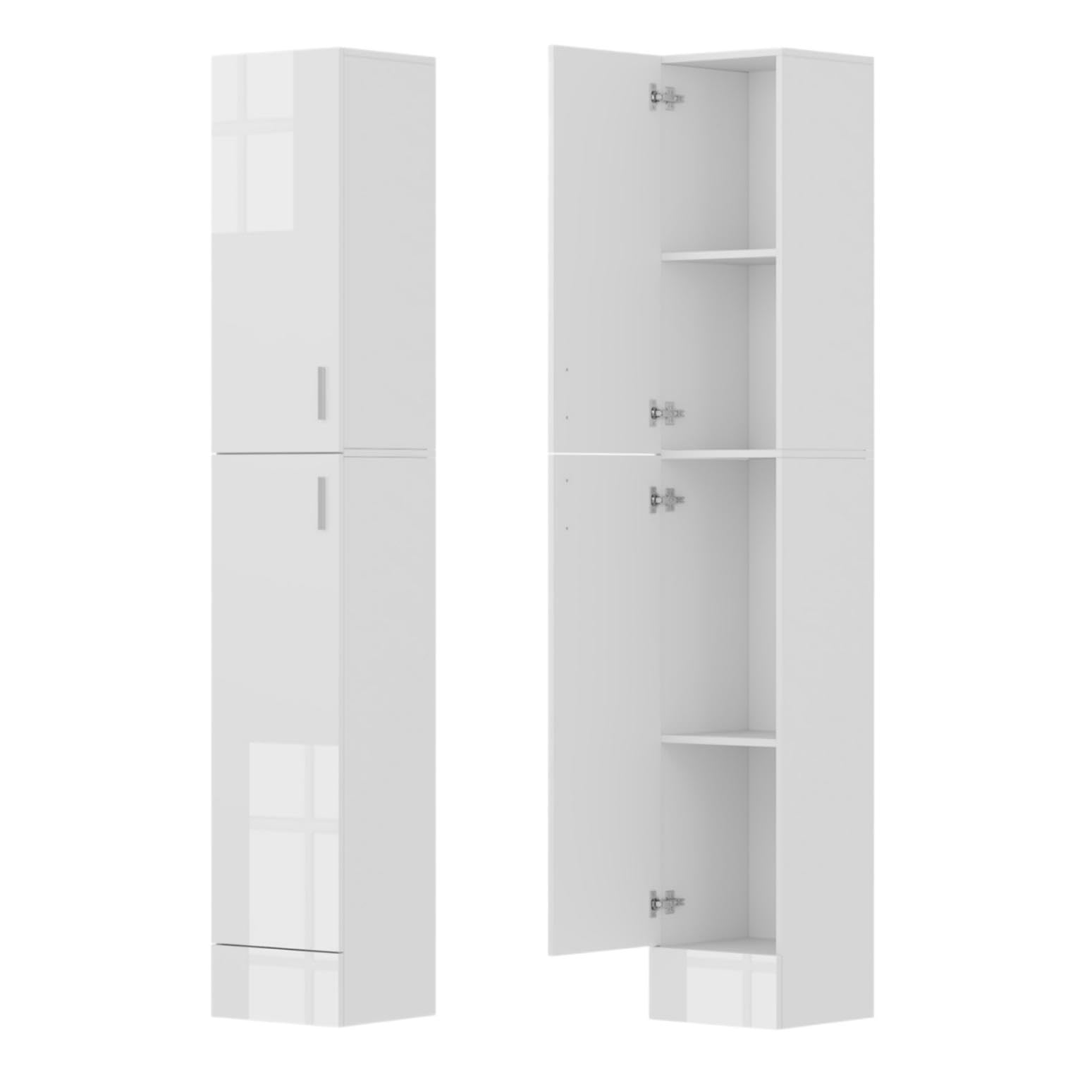 QIHANG-UK Tall Bathroom Cabinet, Narrow Floor Standing Cupboard Organizer, High Gloss Slim Kitchen Storage Unit with 2 Doors 4 Shelves, Tallboy Corner Shelving Cabinet for Living Room (White)
