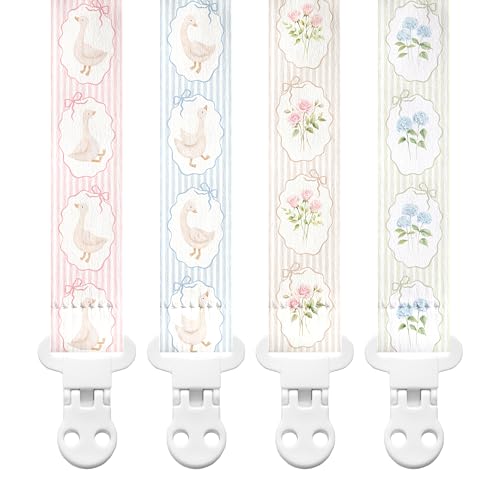 Image of Stadela Baby Fabric Pacifier Clip Holder, Plastic Clip, 4‑Pack, Cottagecore Pattern, Silly Goose Set
