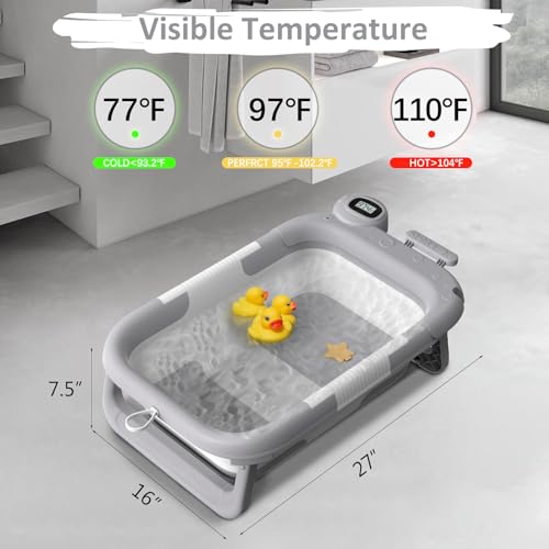 Image of Collapsible Baby Bath Tub for Newborn to Toddler with Floating Cushion for Bath Support, Portable Baby Bath Tub with Real-Time Temperature Monitor, Baby Bath Essentials, Gray