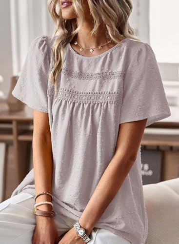 Image of Falechay Womens Summer Tops Crewneck Short Sleeve Shirts Casual Chiffon Blouses Flowy Lace Hem Boho Clothing Trendy 2026