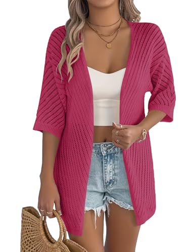 Image of Zeagoo Lightweight Summer Cardigan for Women Short Sleeve V Neck Crochet Kimonos Loose Open Front Hollow Out Cover Ups