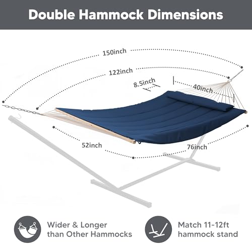 Image of SUNCREAT Hammocks Outdoor Double Hammock with Hardwood Spreader Bar, Heavy Duty Cotton Rope Hammock with Polyester Pad, Dark Blue