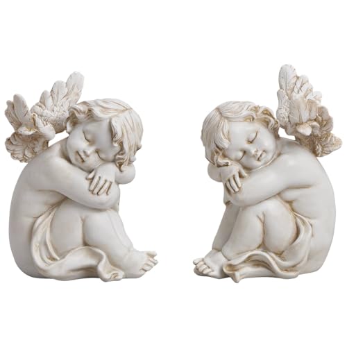 Wetterfeste Grabengel Figuren Deko Set - Sitzende Engel ausgefallene Grabdeko aus Kunststein in Grau - Engel 9 x 13 cm Grabdekoration, Trauergeschenk für Hinterbliebene & Grabschmuck für Friedhof