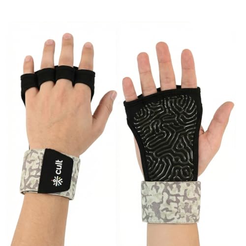Image of CULT Half Finger Gym Gloves with Wrist Support for Men & Women | Anti-Slip Silicone Grip Exercise Gloves for Weightlifting, Workout, Pull Ups & Cross Training (Size S-M)