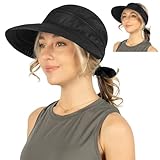 SUN CUBE Women Sun Hat for Outdoor UV Protection, Wide Brim Sun Hat Ponytail, Convertible Zip-Off Beach Hat Visor for Golf Gardening Pool Travel, Foldable Summer UPF50+ Visor Hat, Black
