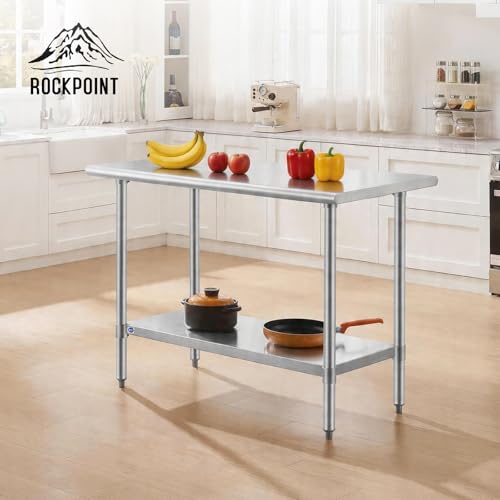 Image of ROCKPOINT SS304 Top All Stainless Steel Table for Prep & Work 24x48 Inches, NSF Commercial Kitchen Heavy Duty Table with Adjustable Undershelf for Restaurant,Kitchen, Home and Hotel