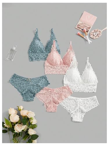 Image of Verdusa Women's Lingerie Sets 6 Piece Lace Bow Floral Underwear Bras Wireless Padded Bra and Panty Set