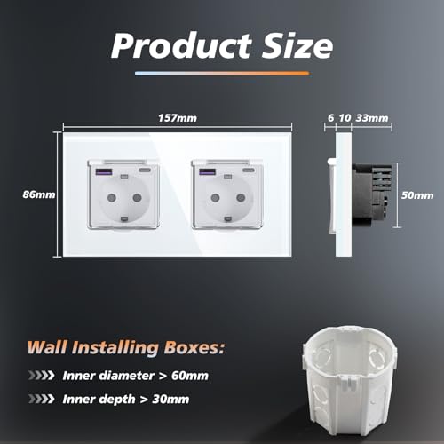 BSEED Unterputz Steckdose mit 20W USB und Typ C Port, Glas Wandsteckdose mit Wasserdicht Abdeckung Ideal f&uuml;r Feuchtr&auml;ume Outdoor und Indoor Verwendung, 157mm 2 Fach Wei&szlig;