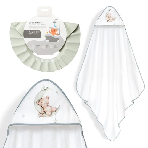 Interbaby - Capa de Baño Bebé + Gorro Ajustable | Toalla con Capucha 100% Algodón, Unisex | Suave, Secado Rápido | Ideal para Recién Nacidos, Bebes y Niños Pequeños | Diseño Oso Luna Estrellas