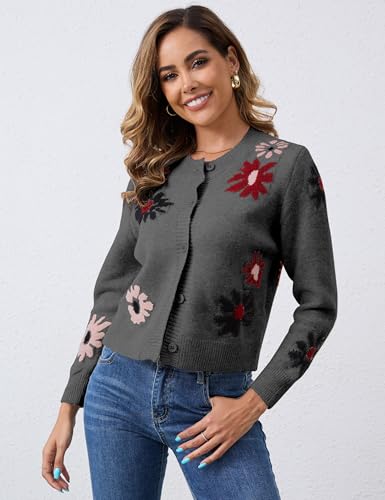 Image of Cardigan Sweaters for Women Cropped Button Down Sweater Long Sleeve Crew Neck Knit Floral Print Outwear